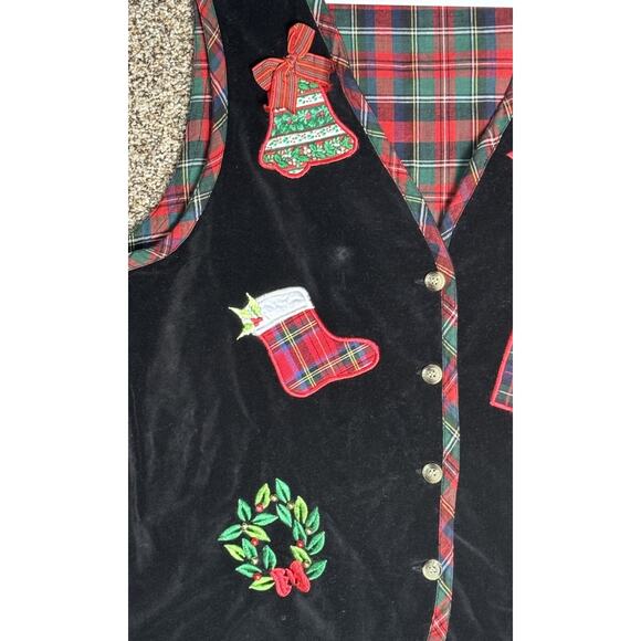 Vtg 90s Casey & Max Ugly Christmas Vest M Black Velvet Tartan Retro Patchwork - Picture 2 of 6